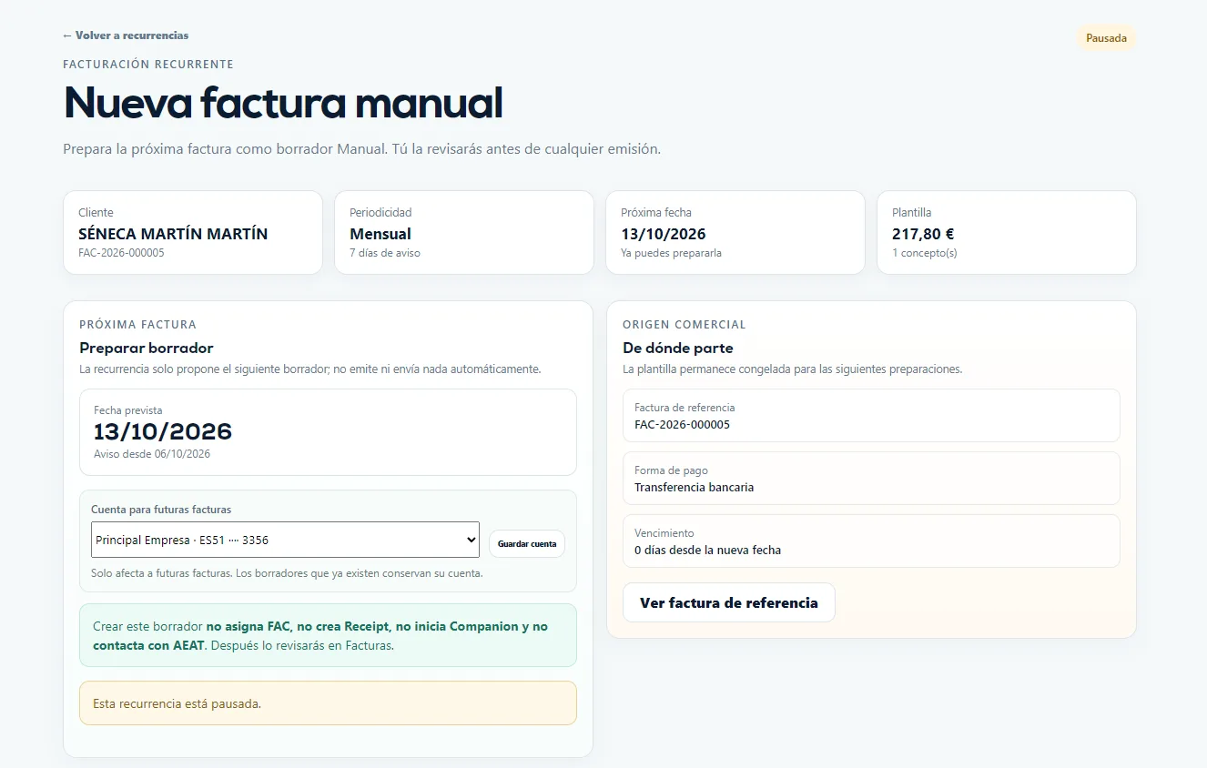 Ficha de una recurrencia con próxima fecha, cuenta para futuras facturas y factura de referencia.