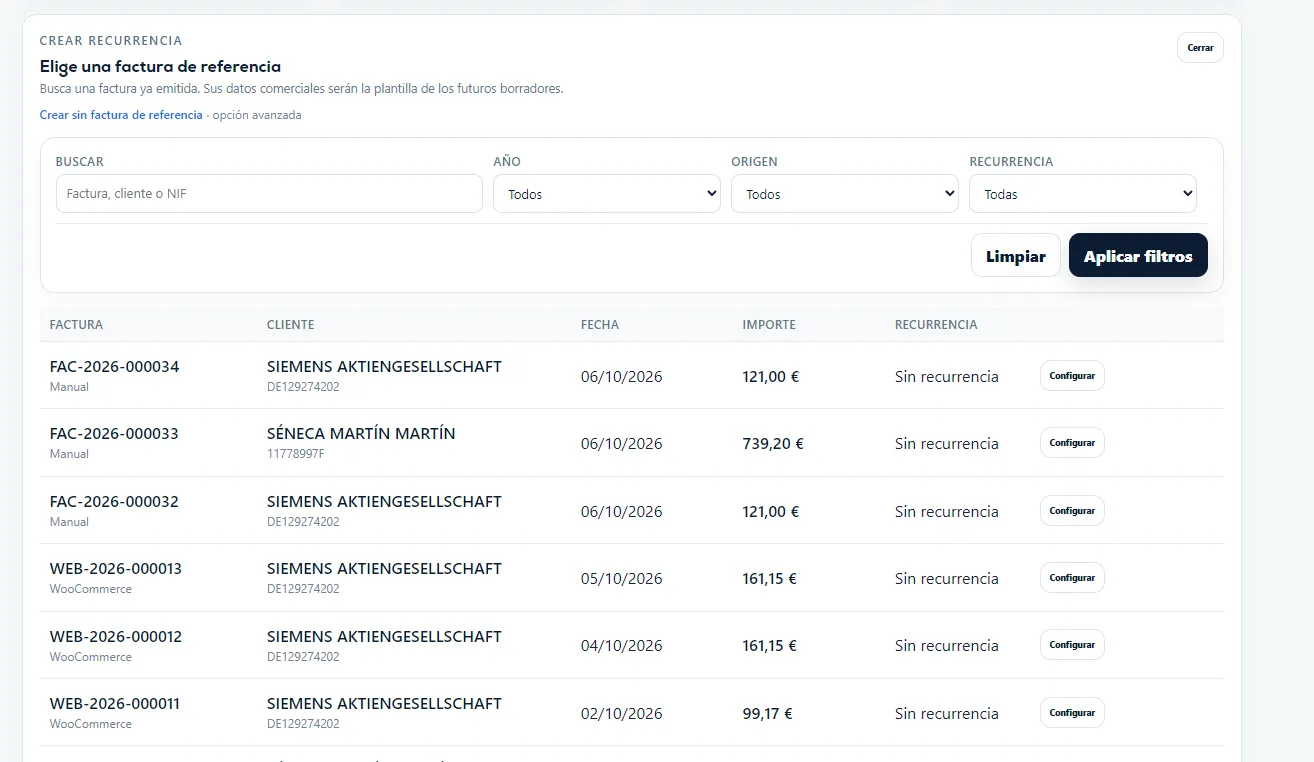 Selector de factura de referencia para crear una recurrencia.