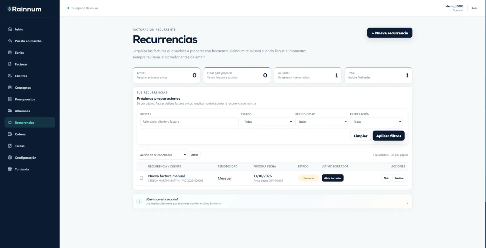 Pantalla de Recurrencias de Rainnum con contadores, filtros, estado, próxima fecha y acciones.