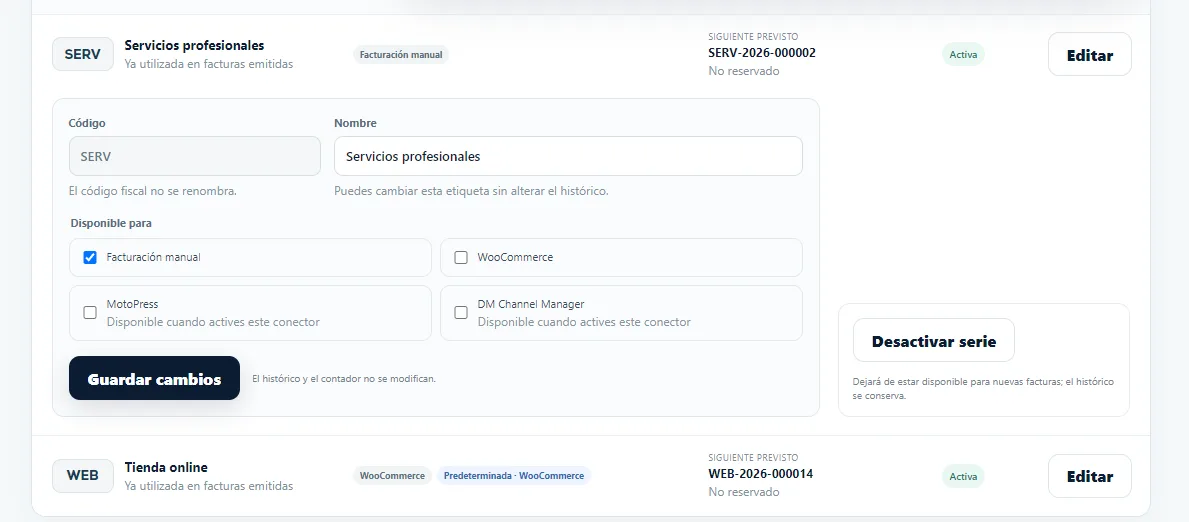 Edición de una serie existente con código protegido, nombre, orígenes disponibles, guardar cambios y desactivar serie.