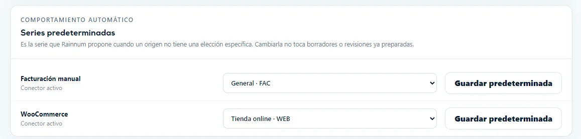 Bloque Series predeterminadas con una elección para Facturación manual y otra para WooCommerce.
