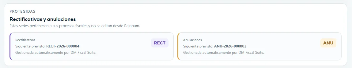 Bloque protegido de Rectificativas y anulaciones con series RECT y ANU y sus siguientes números previstos.