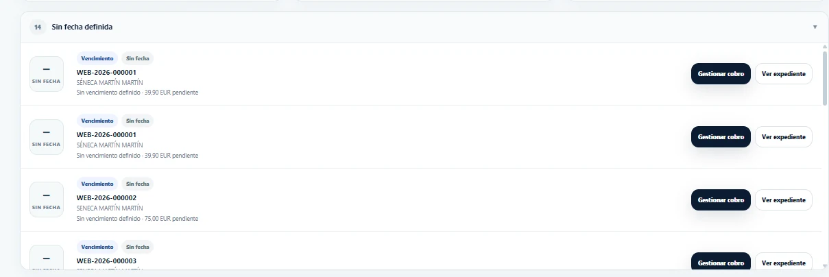 Grupo Sin fecha definida con facturas pendientes y accesos a Gestionar cobro y Ver expediente.